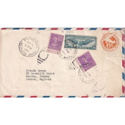 United States 1941 Boston MASS-London UK Cover Boston cancel typed VGC