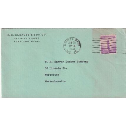 United States 1941 R.E.Cleaves & Son Portland Maine-Worcester MASS Cover typed