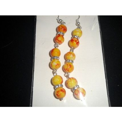 Abstract red on round yellow glass & clear rhinestone long drop earrings