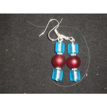 Frosted square sky blue over frosted round red glass dangle earrings