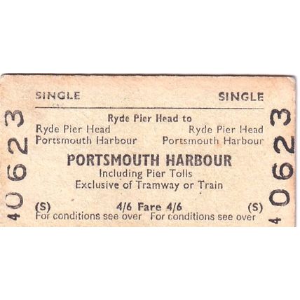 RYDE PIER HEAD Isle of Wight - PORTSMOUTH HBR 1969 Railway/Ferry Ticket BRB 0623