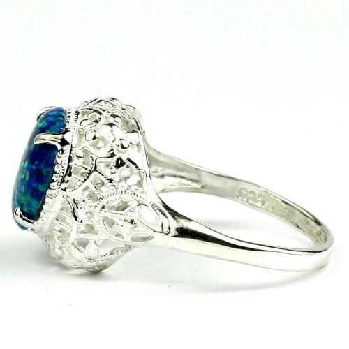 Created Blue/Green Opal, 925 Sterling Silver Antique Style Filigree Ladies Ring,