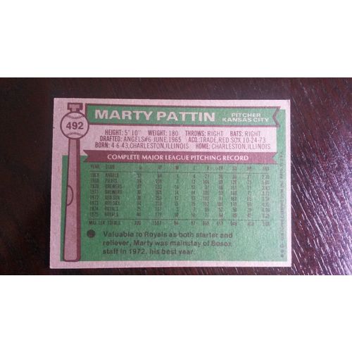 1976 Topps Card # 492 Marty Pattin Very Good-Excellent (4) Kansas City Royals