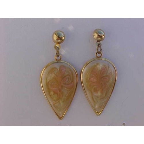 Enamel Tear Drop Earrings Gold Swirl Cream Golden Pierced Earrings 1-3/4"