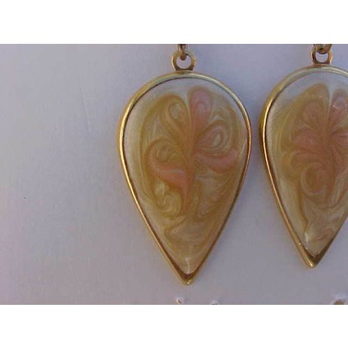 Enamel Tear Drop Earrings Gold Swirl Cream Golden Pierced Earrings 1-3/4"