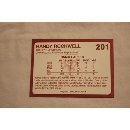 Randy Rockwell 1989 Collegiate Collection Alabama's Finest NO. 201