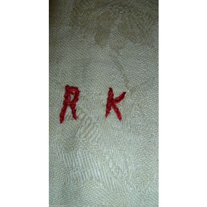 VINTAGE IVORY LINEN JACQUARD TABLE RUNNER HAND EMBROIDERED MONOGRAM RK 1930s