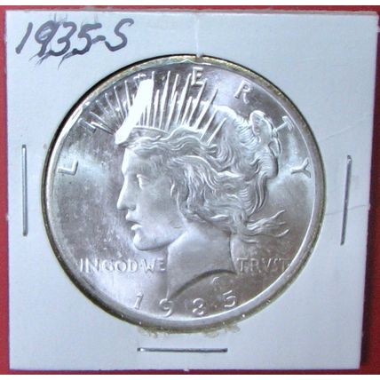 1935-S Peace Dollar. This Coin is a replica and contains NO precious metal.