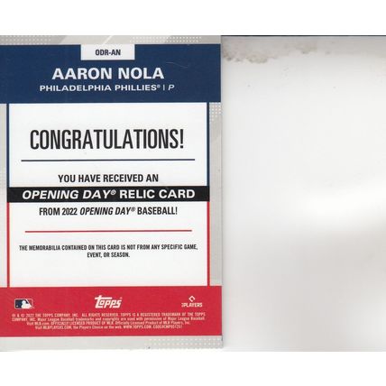 AARON NOLA OPENING DAY GAME JERSEY 2022 AUTOGRAPHED PHILADELPHIA PHILLIES PITCHR