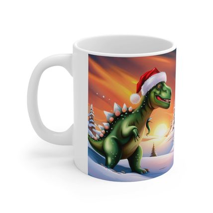 Dinosaur Raptor Rocks Christmas Santa Red Hat Ceramic Mug 11oz Design #1 Mirrore