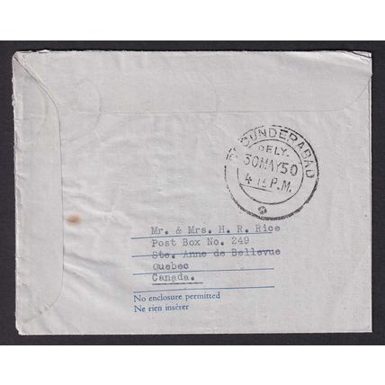 Canada KGVI 1950 Gardenvale Quebec Canada to Secunderabad India Postal History