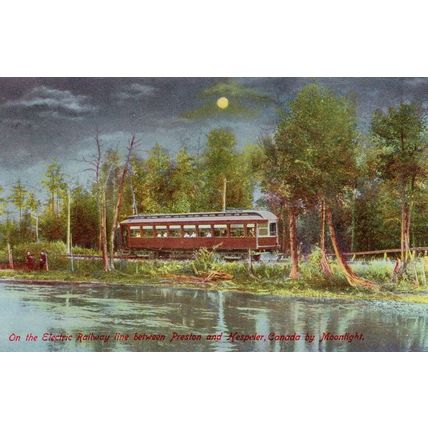 Electric Railway Preston & Hespeler Canada Train Moonlight Postcard