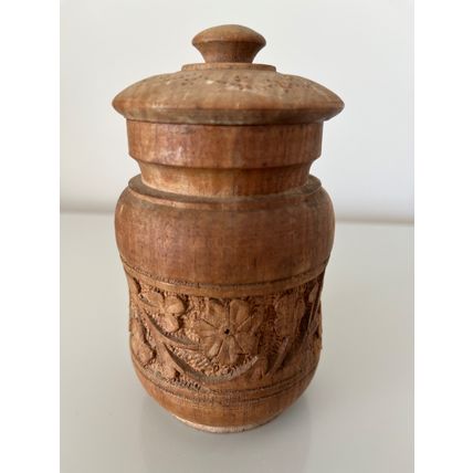 VINTAGE WOODEN POT WITH FLOWER CARVINGS