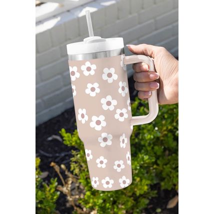 Parchment Floret Print Stainless Tumbler With Lid And Straw