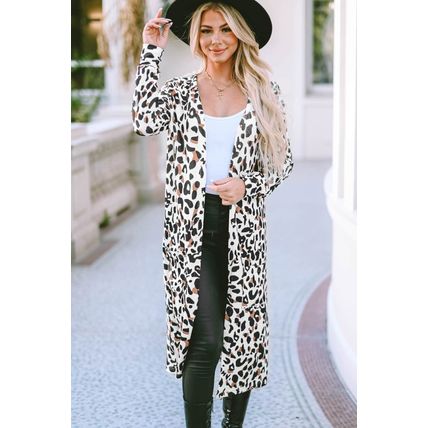 Leopard Pocketed Open Front Duster Cardigan