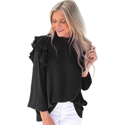 Black Button Keyhole Back Pleated Ruffle Trim Blouse