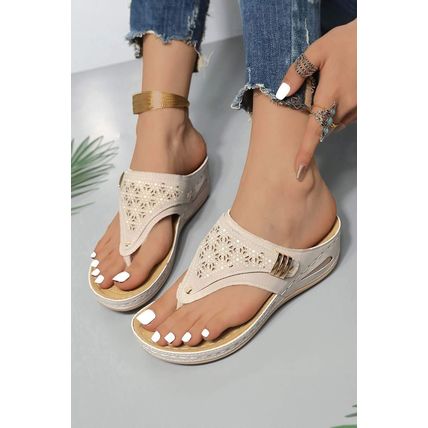 Beige Hollow Out Clip Toe Wedge Slippers