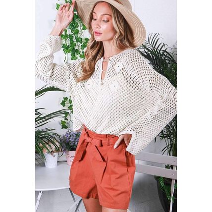 White Open Knit Buttoned Neck Split Sleeve Sweater