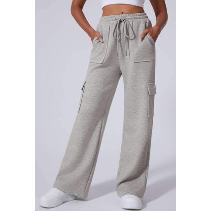 Light Grey Multi Pockets Lace-up High Waist Wide Leg Workout Pants
