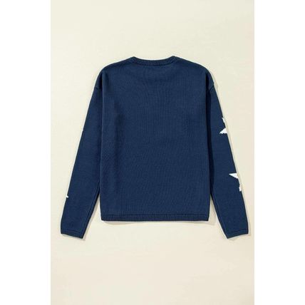 Sail Blue Star Pattern Drop Shoulder Knitted Sweater