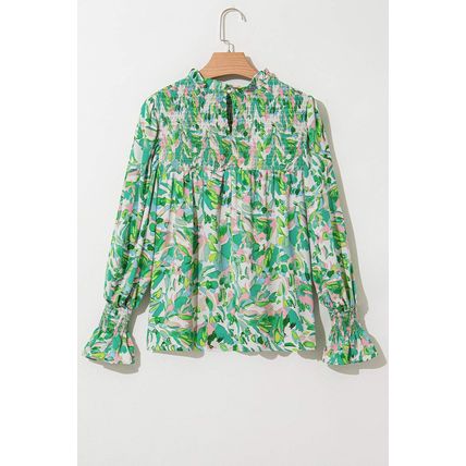 Green Leafy Printed Flounce Sleeve Shirred Mock Neck Blouse