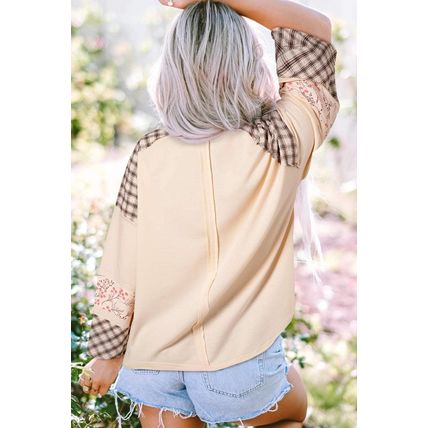 Beige Plaid Floral Peace Heart Graphic Wide Long Sleeve Top