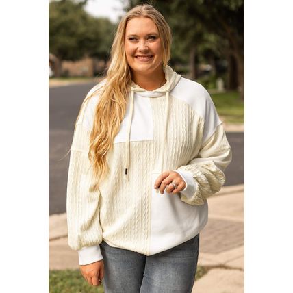 Beige Textured Patchwork Exposed Seam Plus Size Hoodie
