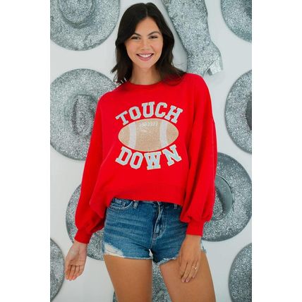 Fiery Red TOUCH DOWN Football Graphic Pullover Sweatshirt