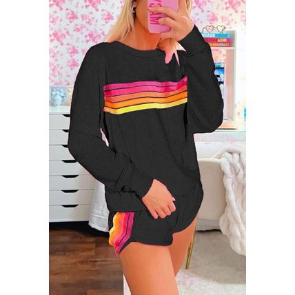 Black Striped Accent Pullover and Shorts Two Piece Casual Set