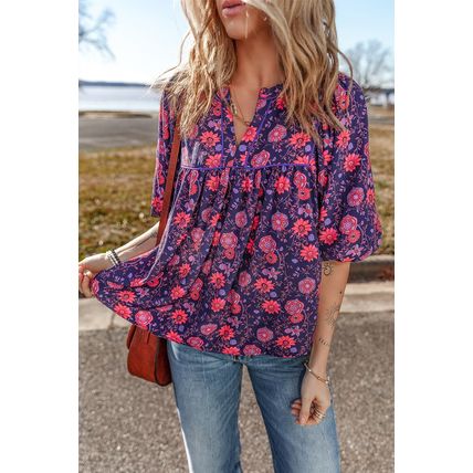 Purple Floral Half Sleeve Split Neck Blouse Top