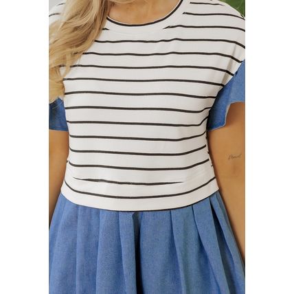 Black Stripe Ruffle Denim Patchwork Round Neck Mini Dress