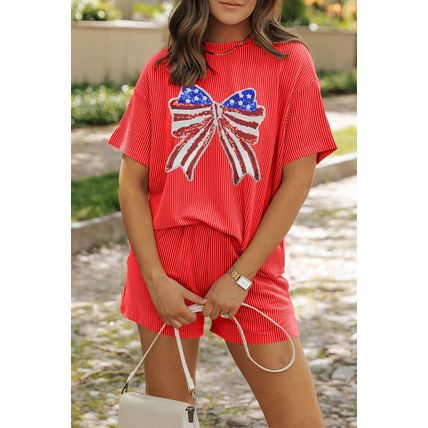 Orange Independence Day Sequin Bow Graphic Twist Rib Textured Short Set