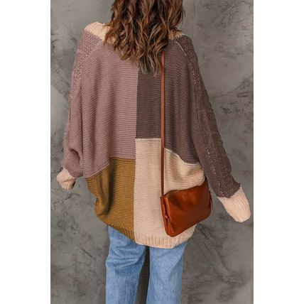 Brown Color Block Loose Open Front Knitted Cardigan