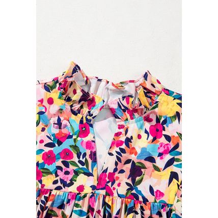 Pink Floral Puff Short Sleeve V Neck Mini Dress