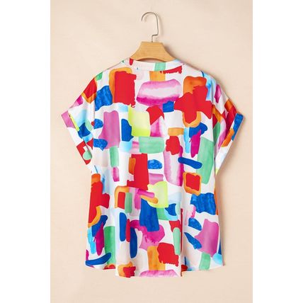 Colorful Brush Stroke Printed Plus Size Button Split Neck Blouse