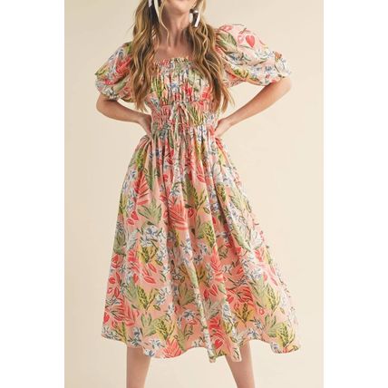 Apricot Pink Floral Smocked Bust Bubble Short Sleeve Maxi Dress