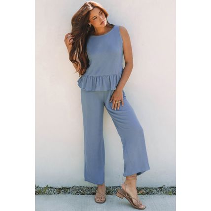 Beau Blue Solid Color Ribbed Ruffle Tank Top and Pants Set