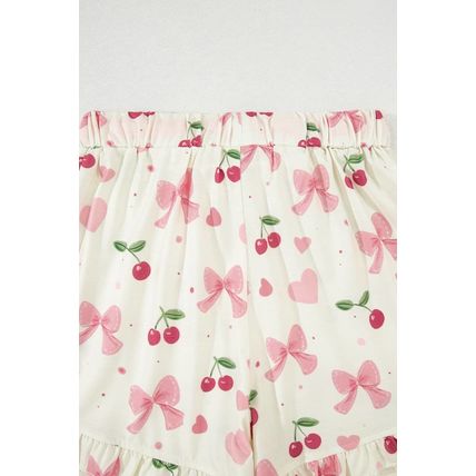 Beige Bow Fruit Print Contrast Pipping Short Pajamas Set