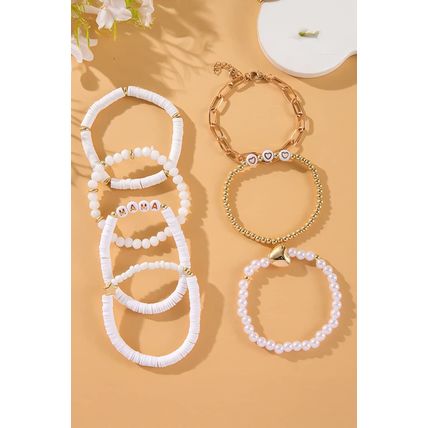 White MAMA Heart Pearl Beaded Chain Multi Layer Bracelet