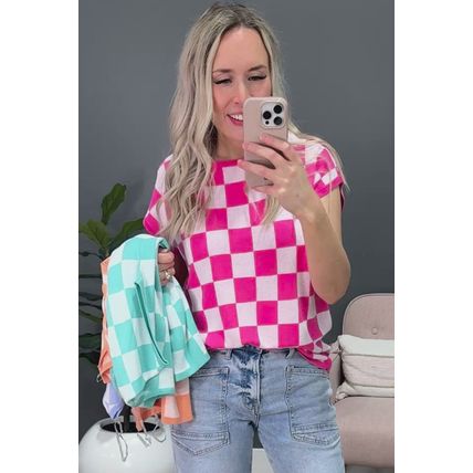 Rose Check Pattern Cap Sleeve Knitted Sweater