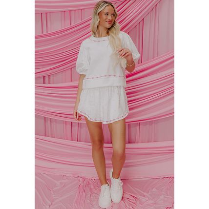 White Contrast Bow Trim Pearl Puff Sleeve Blouse and Skort 2pcs Set