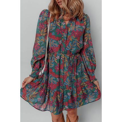 Green Floral Friled V Neck Puff Sleeve Ruffled Shirt Dress