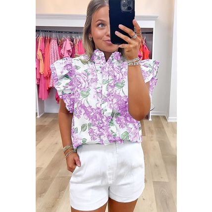Purple Floral Print Ruffle Sleeve Frilly Button Up Shirt
