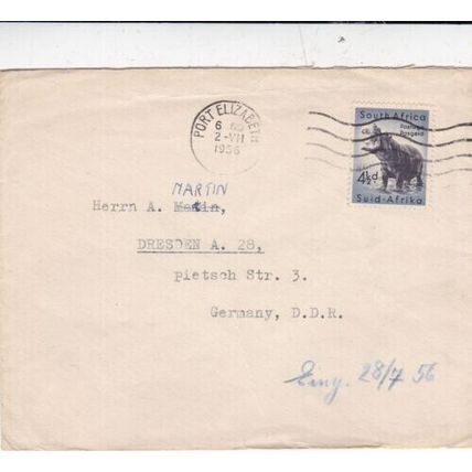 South Afrca 1956 Port Elizabeth-Dresden Germany Cover Port typed VGC