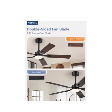HINNIXY 52" Indoor Black LED Fan w/ Black and Walnut Blades, Light & Remote