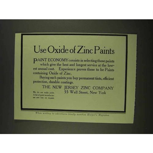 1913 New Jersey Zinc Company Ad - Oxide of Zinc