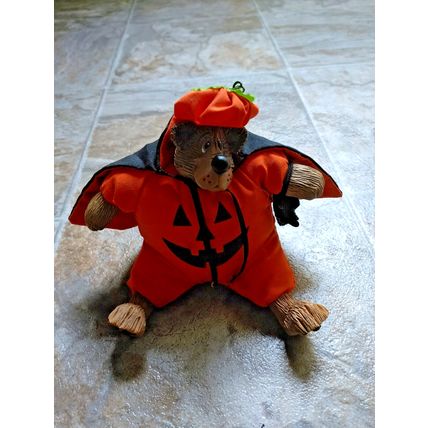 Russ 5" Bumpkin Pumpkin Stuffed Resin Bear w/ Cape Halloween Bear Decoration