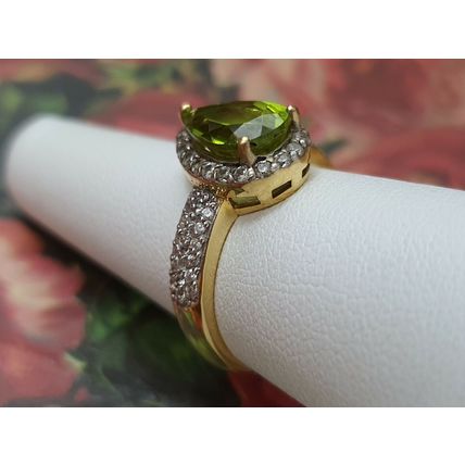 2.5ct Hebei Peridot Zircon Pear Halo Ring Size O 14k Gold Over 925 Solid Silver
