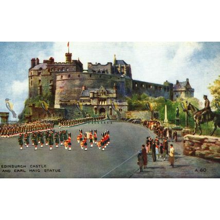 Edinburgh Castle & Earl Haig Statue, A60 Valentines Art Colour Postcard, 1937