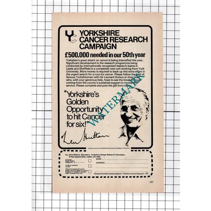 Len Hutton Yorkshire Cancer Research Campaign Advert - 1976 Cutting